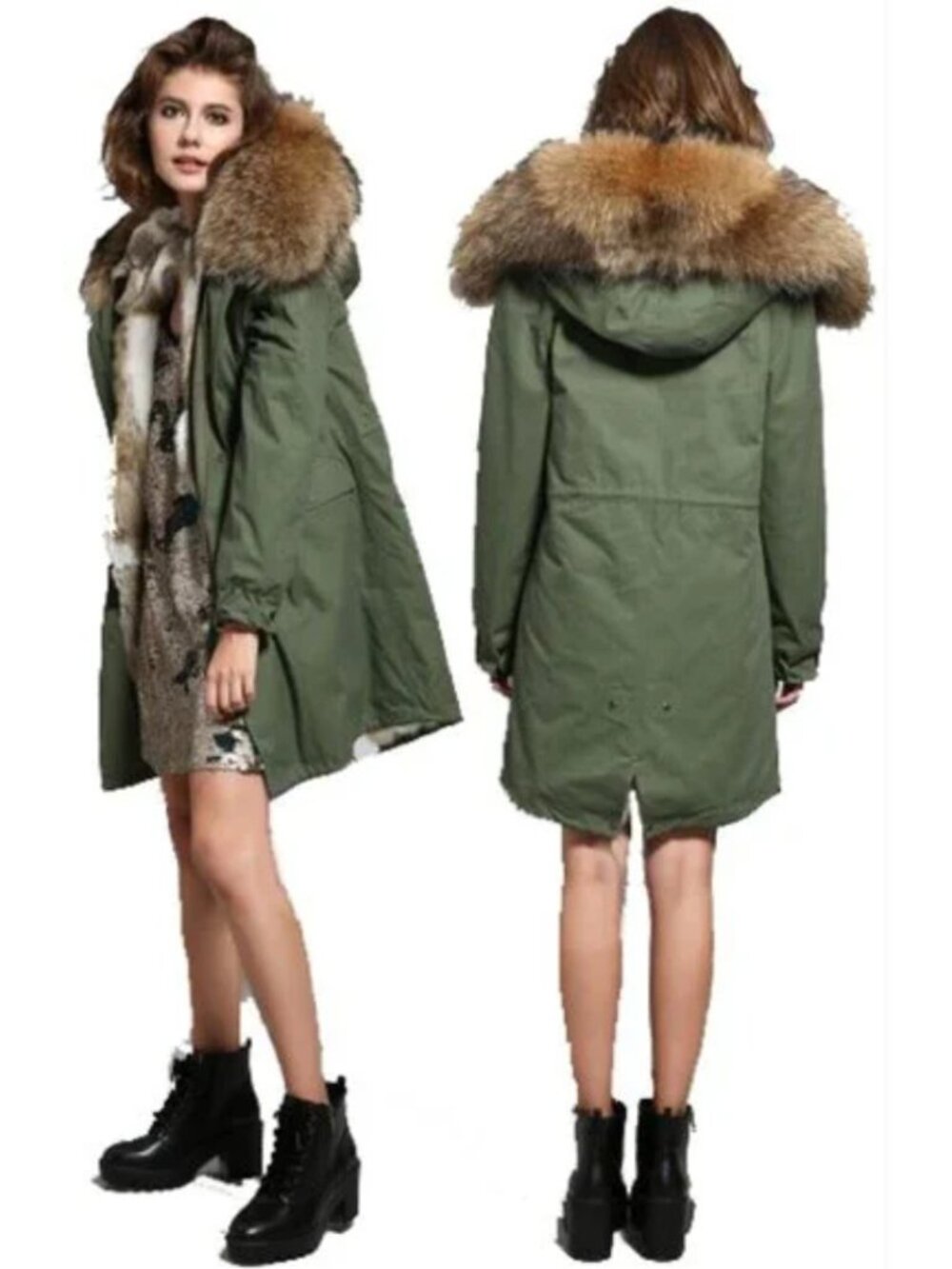 💥STUNNING!💥100% GENUINE TIPPED FOX & REX RABBIT FUR PARKA IN GREEN & NATURAL